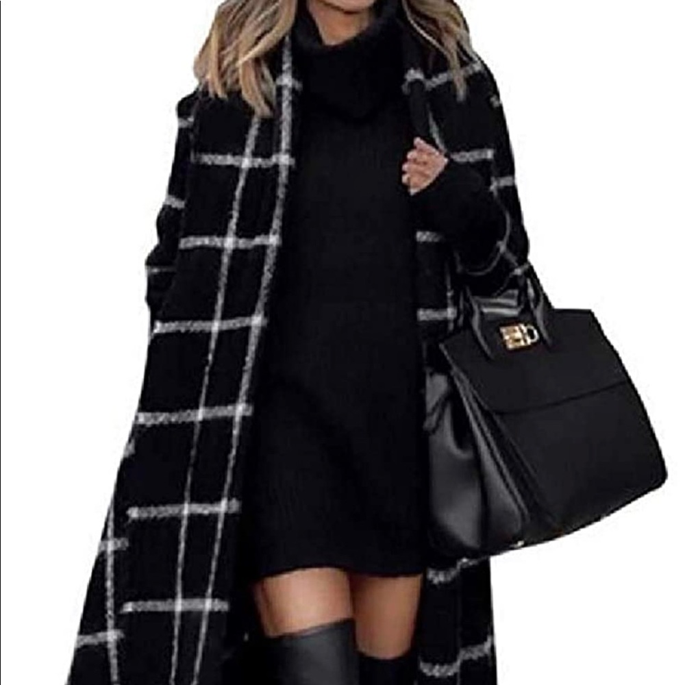Women's Hoodie Belted Long Plaid Loose Fit Wool Blend Trench Pea Coat Jacket